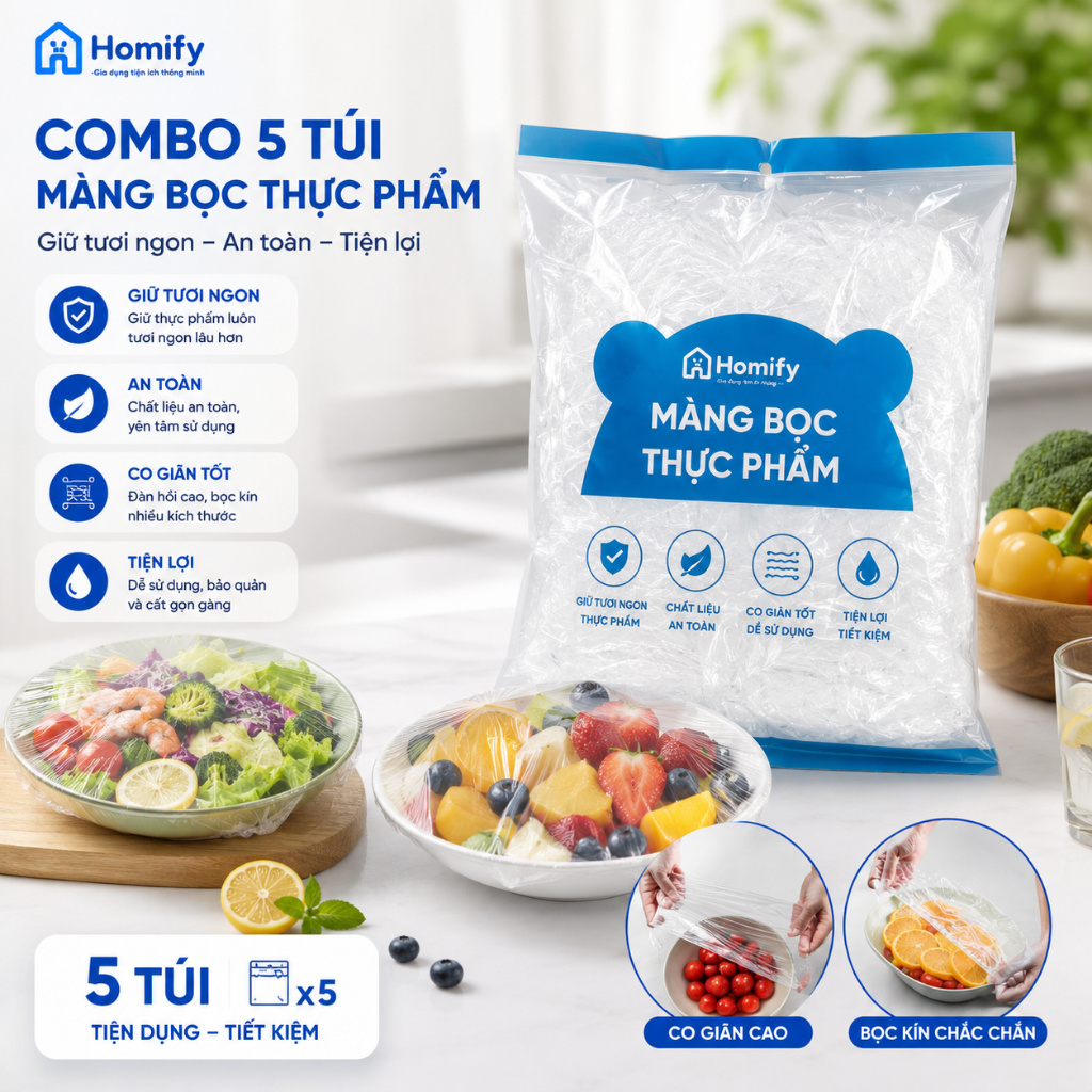 Túi Màng Bọc Thực Phẩm Co Giãn PE Homify 100 Chiếc - Màng Bọc Bát Đĩa Dùng Một Lần, Bảo Quản Thực Phẩm Tươi Lâu