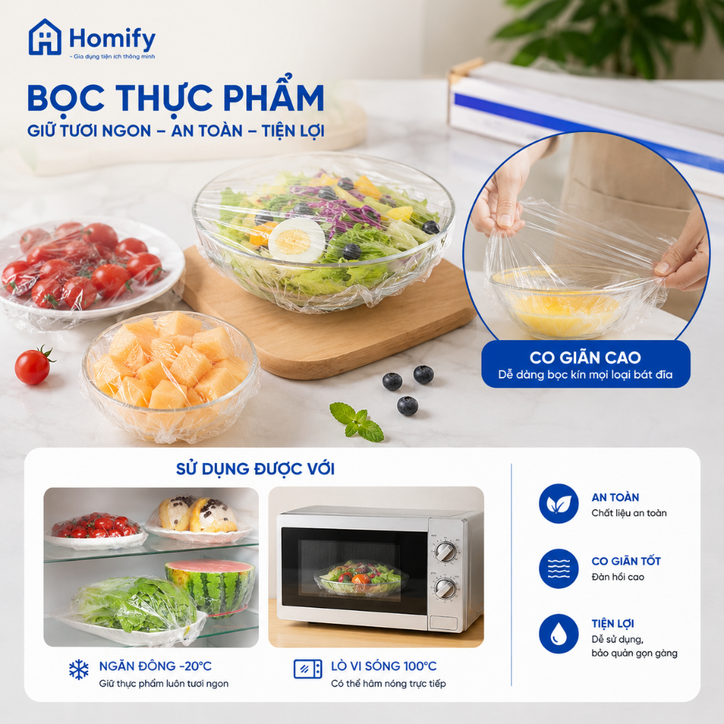 Túi Màng Bọc Thực Phẩm Co Giãn PE Homify 100 Chiếc - Màng Bọc Bát Đĩa Dùng Một Lần, Bảo Quản Thực Phẩm Tươi Lâu