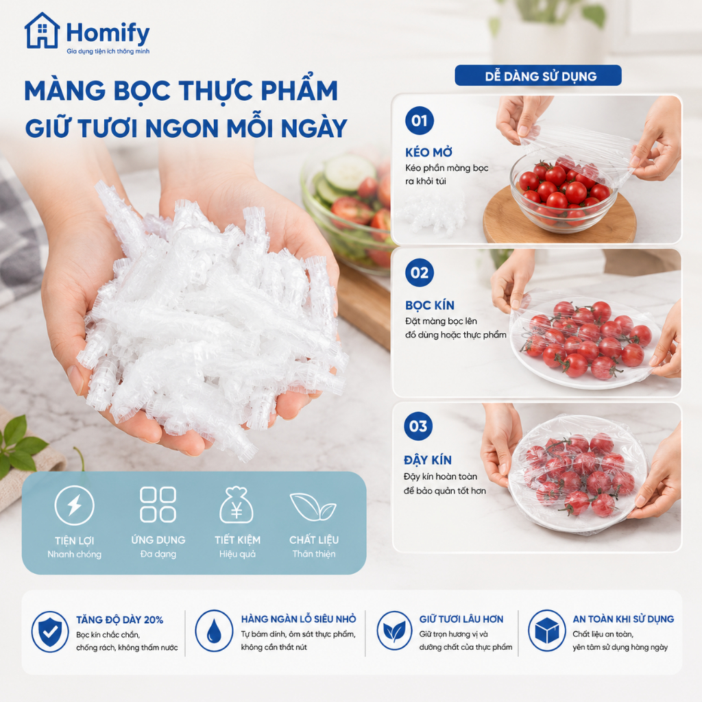 Túi Màng Bọc Thực Phẩm Co Giãn PE Homify 100 Chiếc - Màng Bọc Bát Đĩa Dùng Một Lần, Bảo Quản Thực Phẩm Tươi Lâu