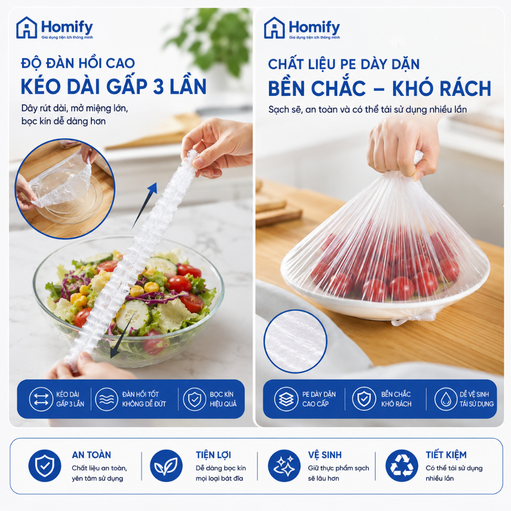 Túi Màng Bọc Thực Phẩm Co Giãn PE Homify 100 Chiếc - Màng Bọc Bát Đĩa Dùng Một Lần, Bảo Quản Thực Phẩm Tươi Lâu