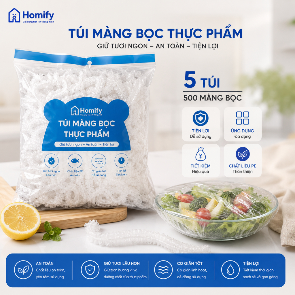 Túi Màng Bọc Thực Phẩm Co Giãn PE Homify 100 Chiếc - Màng Bọc Bát Đĩa Dùng Một Lần, Bảo Quản Thực Phẩm Tươi Lâu