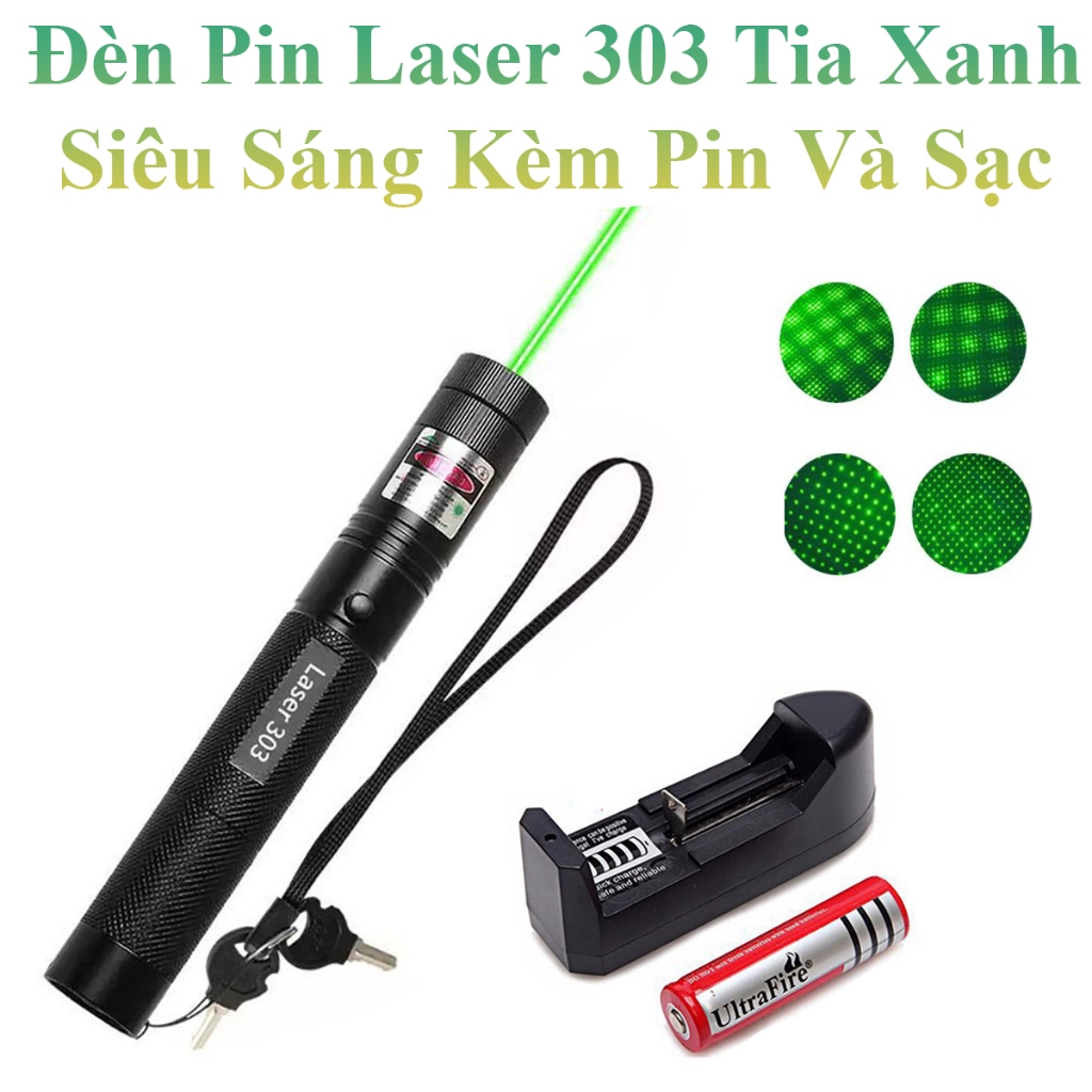 Đèn Pin Laser 303 Tia Xanh Siêu Sáng Kèm Pin Và Sạc Tiện Dụng