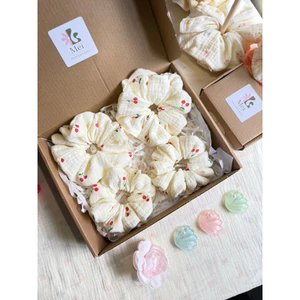 Scrunchies Set Cột Tóc Vải Xô Muslin cherry đỏ phồng dễ thương xinh xắn đáng yêu