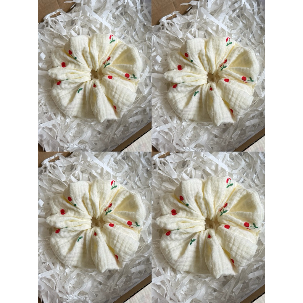 Scrunchies Set Cột Tóc Vải Xô Muslin cherry đỏ phồng dễ thương xinh xắn đáng yêu