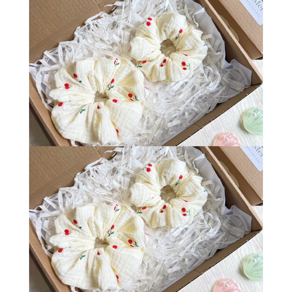 Scrunchies Set Cột Tóc Vải Xô Muslin cherry đỏ phồng dễ thương xinh xắn đáng yêu