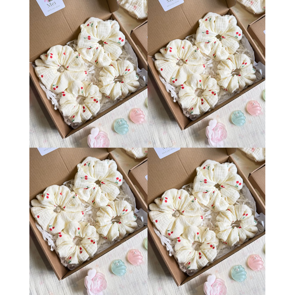 Scrunchies Set Cột Tóc Vải Xô Muslin cherry đỏ phồng dễ thương xinh xắn đáng yêu