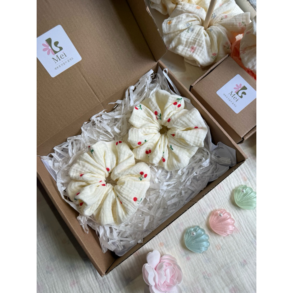 Scrunchies Set Cột Tóc Vải Xô Muslin cherry đỏ phồng dễ thương xinh xắn đáng yêu