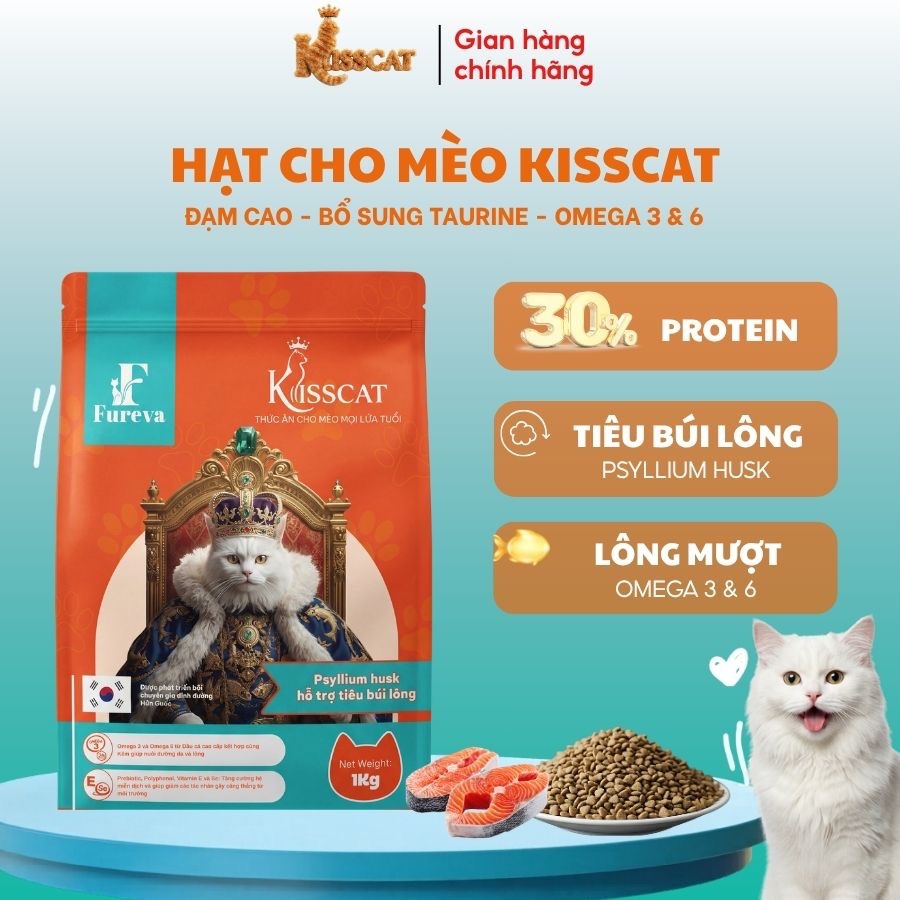 Hạt cho mèo Kisscat 30% đạm dùng được cho mèo từ 2 tháng tuổi tiêu búi lông hiệu quả