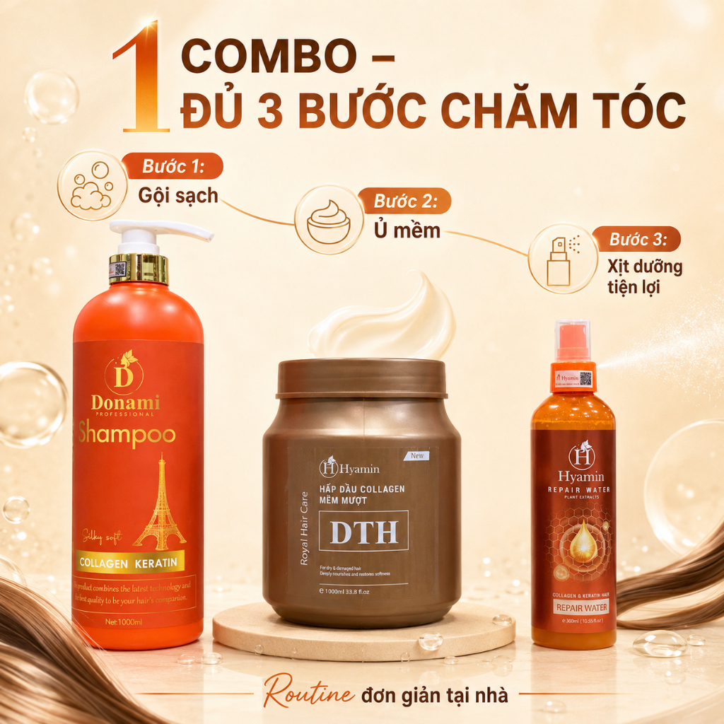 Combo 3 Món Chăm Sóc Tóc Dầu Gội Donami 1000ml Ủ Tóc Hyamin 1000ml Xịt Dưỡng Hyamin 300ml