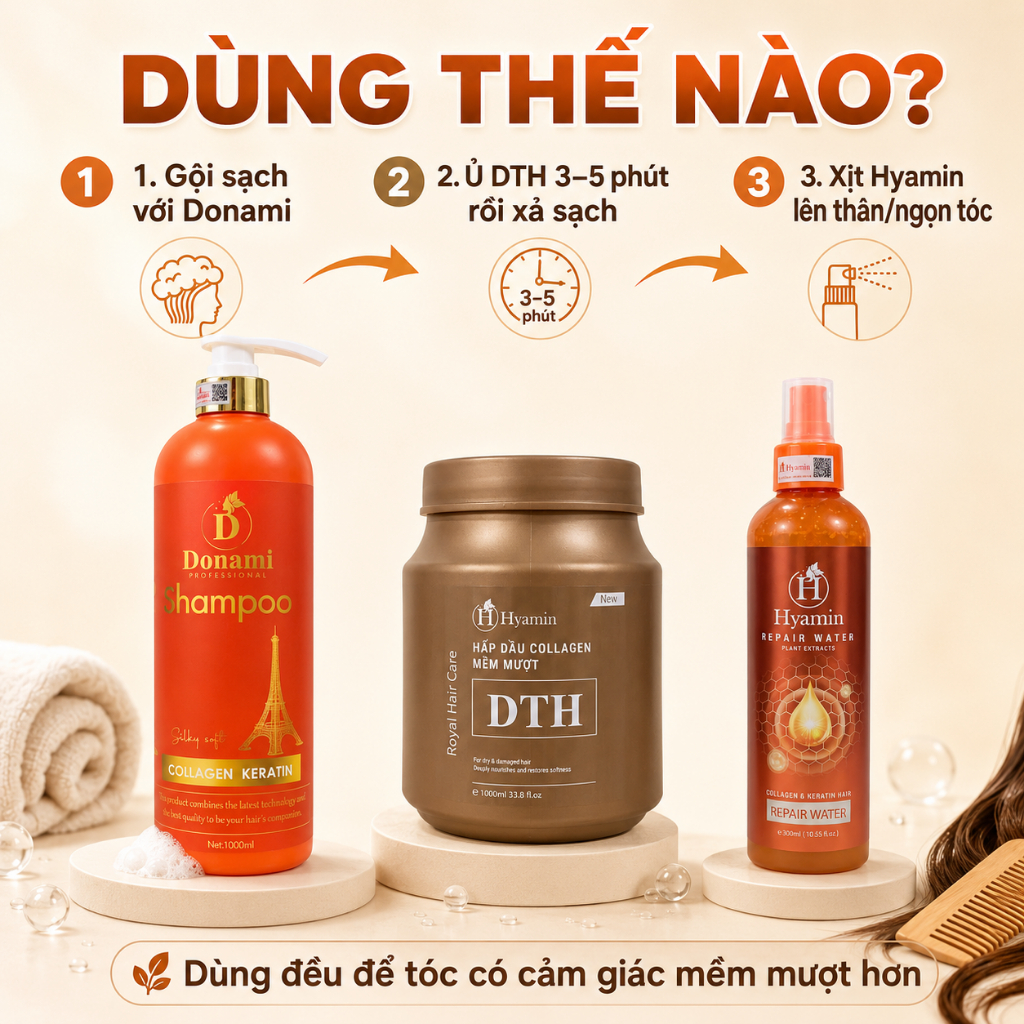 Combo 3 Món Chăm Sóc Tóc Dầu Gội Donami 1000ml Ủ Tóc Hyamin 1000ml Xịt Dưỡng Hyamin 300ml