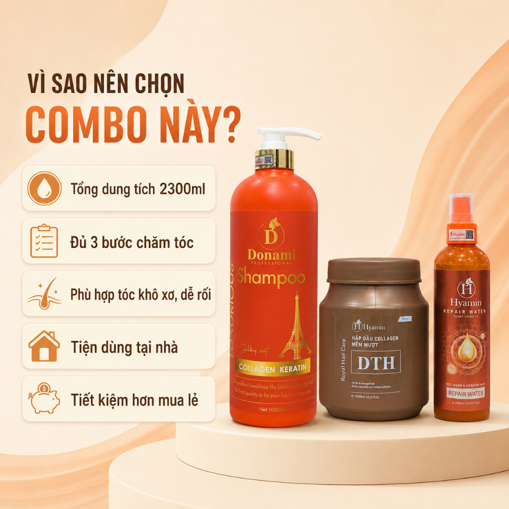 Combo 3 Món Chăm Sóc Tóc Dầu Gội Donami 1000ml Ủ Tóc Hyamin 1000ml Xịt Dưỡng Hyamin 300ml