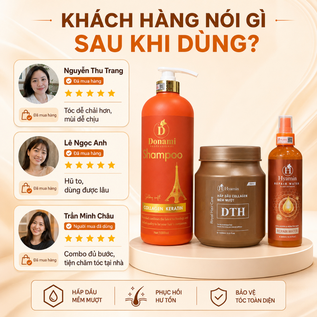 Combo 3 Món Chăm Sóc Tóc Dầu Gội Donami 1000ml Ủ Tóc Hyamin 1000ml Xịt Dưỡng Hyamin 300ml