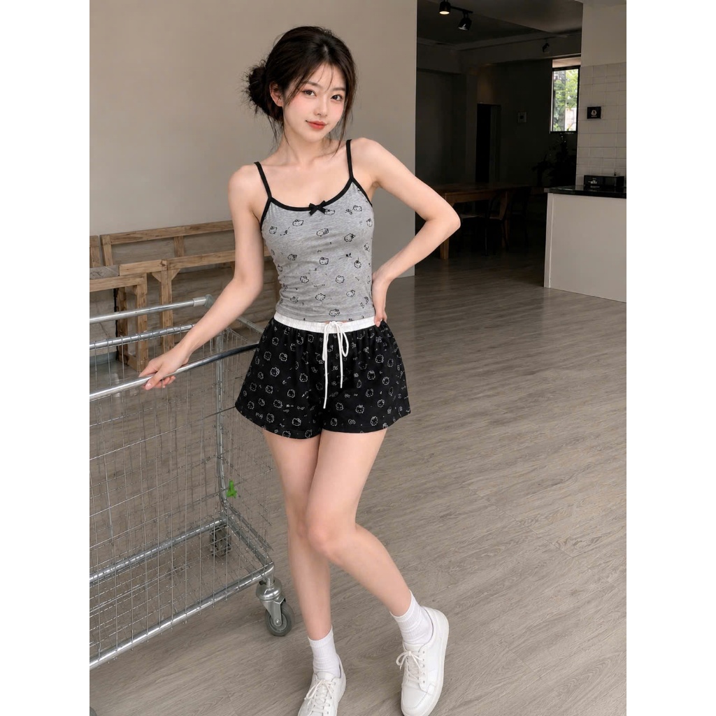 <Có Mút Áo > Sét Áo 2 Dây Mèo Hello Kitty Phối Quần Đùi Mèo Cạp Trắng Chất Cotton Bozip Mềm Mát