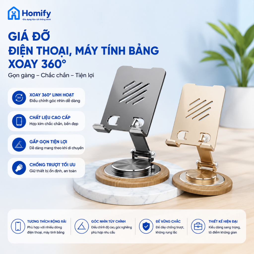 Giá Đỡ Điện Thoại Máy Tính Bảng Xoay 360° Homify Gấp Gọn Hợp Kim Cao Cấp