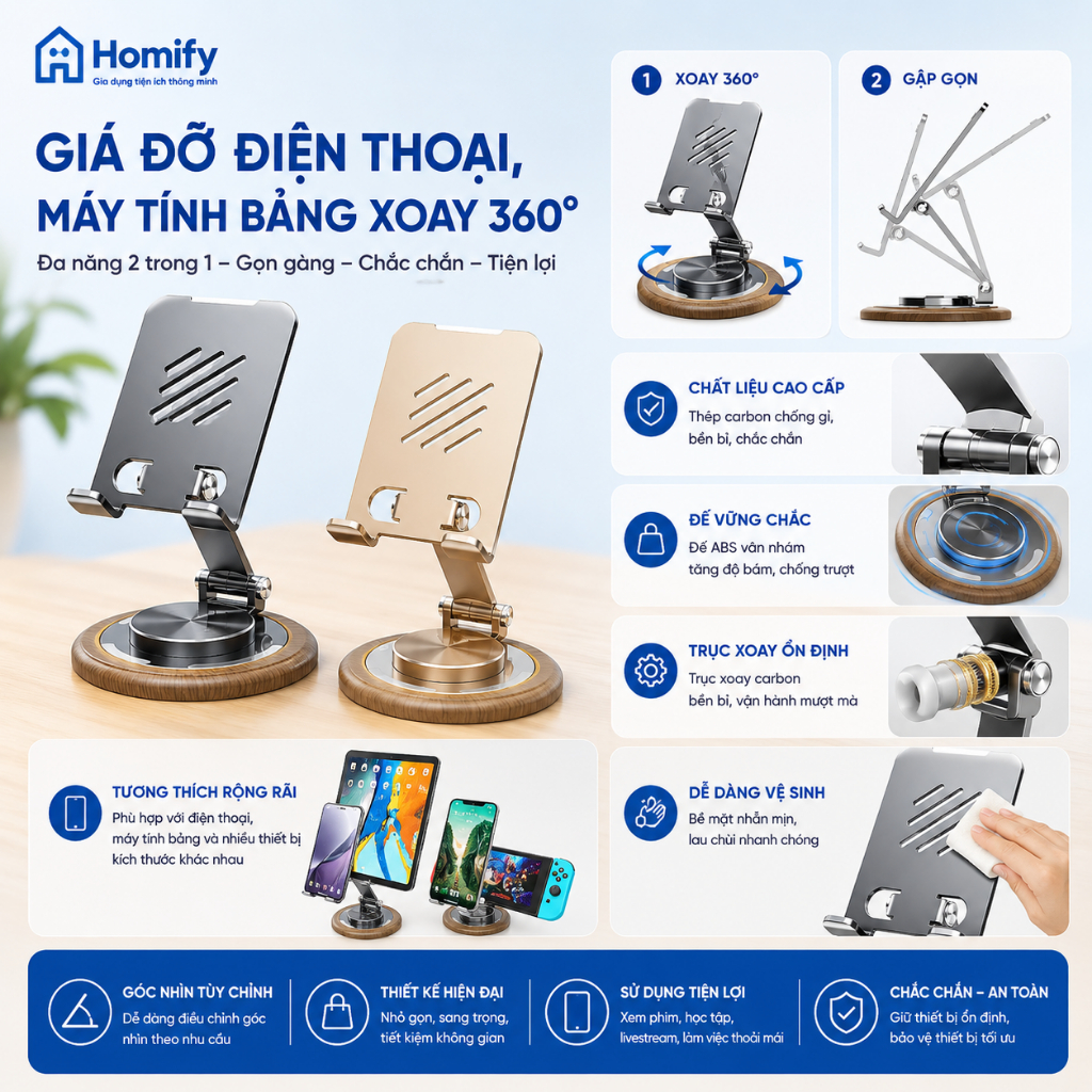 Giá Đỡ Điện Thoại Máy Tính Bảng Xoay 360° Homify Gấp Gọn Hợp Kim Cao Cấp