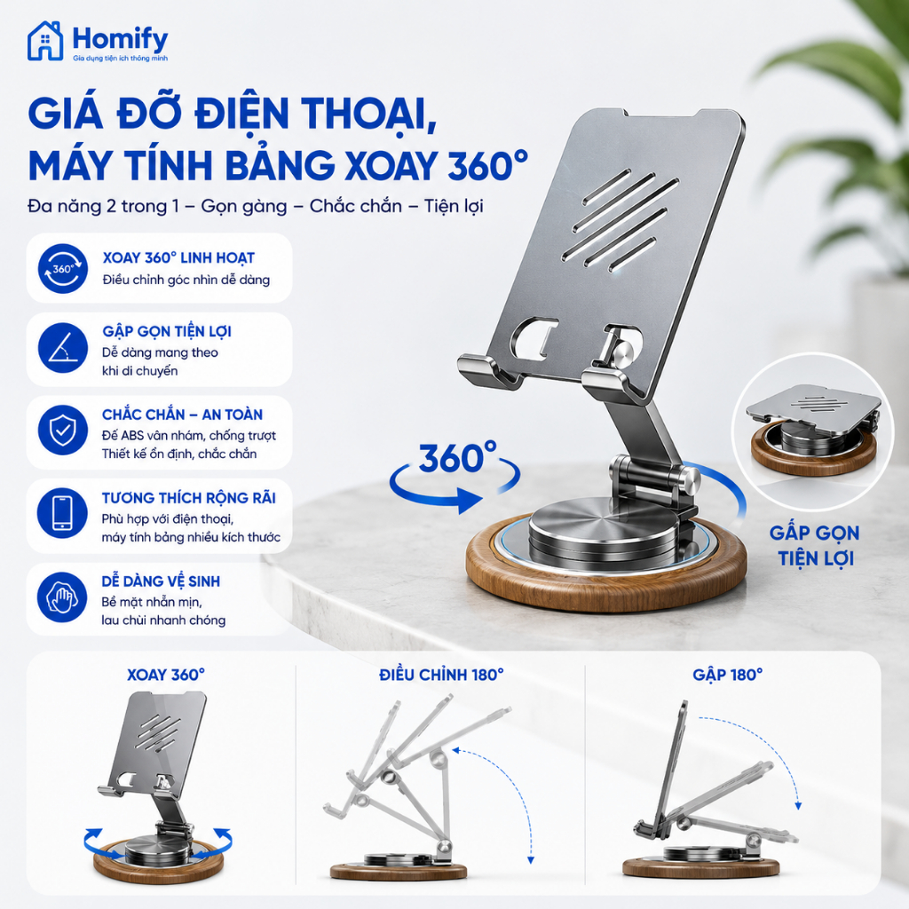 Giá Đỡ Điện Thoại Máy Tính Bảng Xoay 360° Homify Gấp Gọn Hợp Kim Cao Cấp