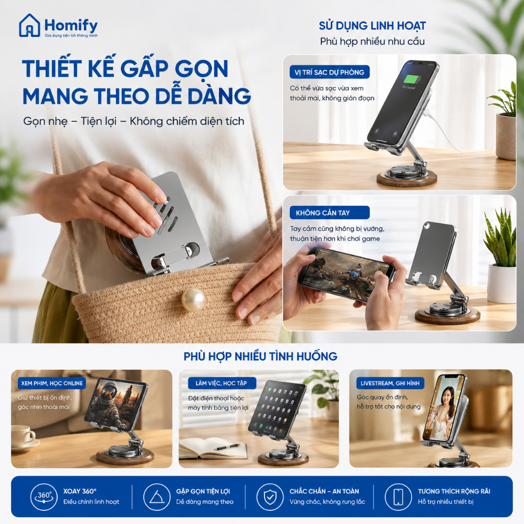 Giá Đỡ Điện Thoại Máy Tính Bảng Xoay 360° Homify Gấp Gọn Hợp Kim Cao Cấp