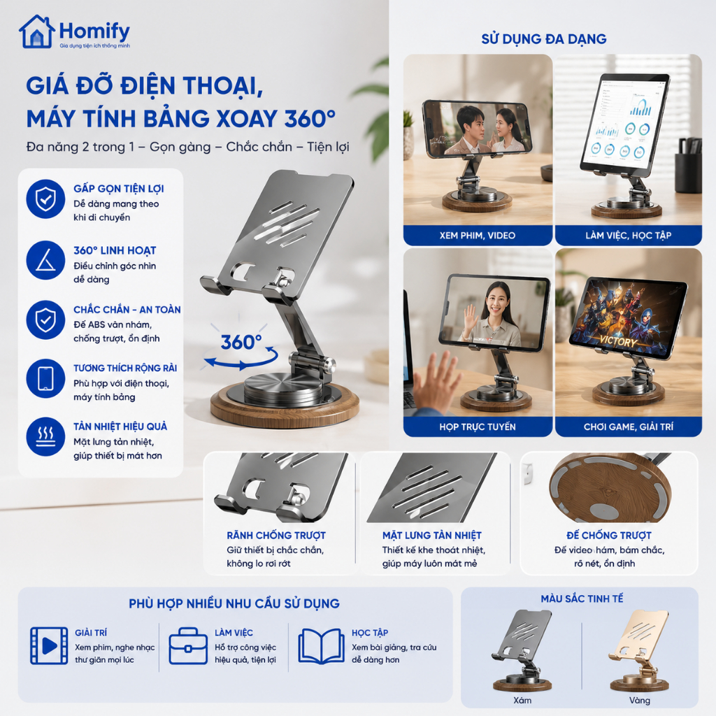 Giá Đỡ Điện Thoại Máy Tính Bảng Xoay 360° Homify Gấp Gọn Hợp Kim Cao Cấp