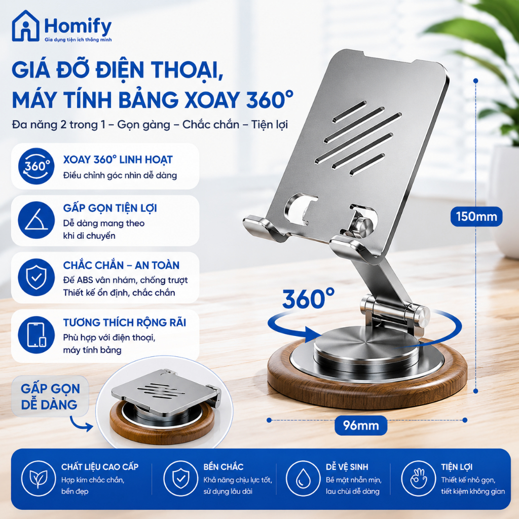 Giá Đỡ Điện Thoại Máy Tính Bảng Xoay 360° Homify Gấp Gọn Hợp Kim Cao Cấp
