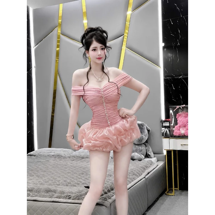 Đầm Trễ Vai Đính Đá Organza Váy Bồng Công Chúa Cao Cấp - Đầm Tiệc Nữ Sang Chảnh, Đầm Dự Tiệc Freesize Dưới 55kg