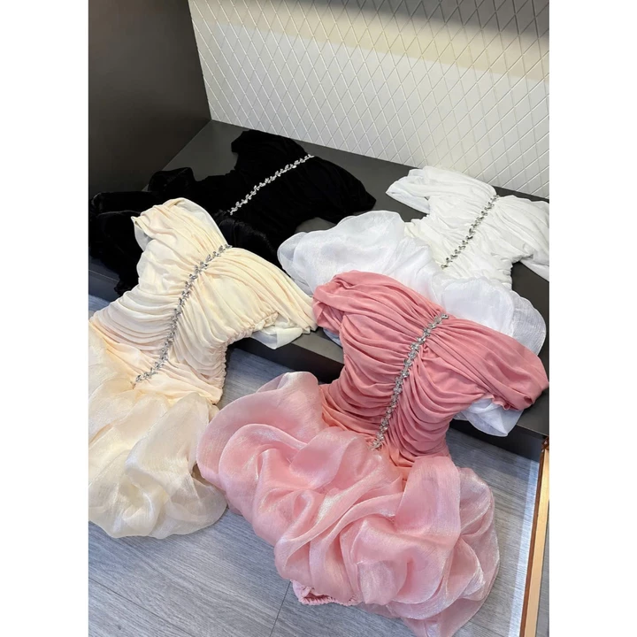 Đầm Trễ Vai Đính Đá Organza Váy Bồng Công Chúa Cao Cấp - Đầm Tiệc Nữ Sang Chảnh, Đầm Dự Tiệc Freesize Dưới 55kg