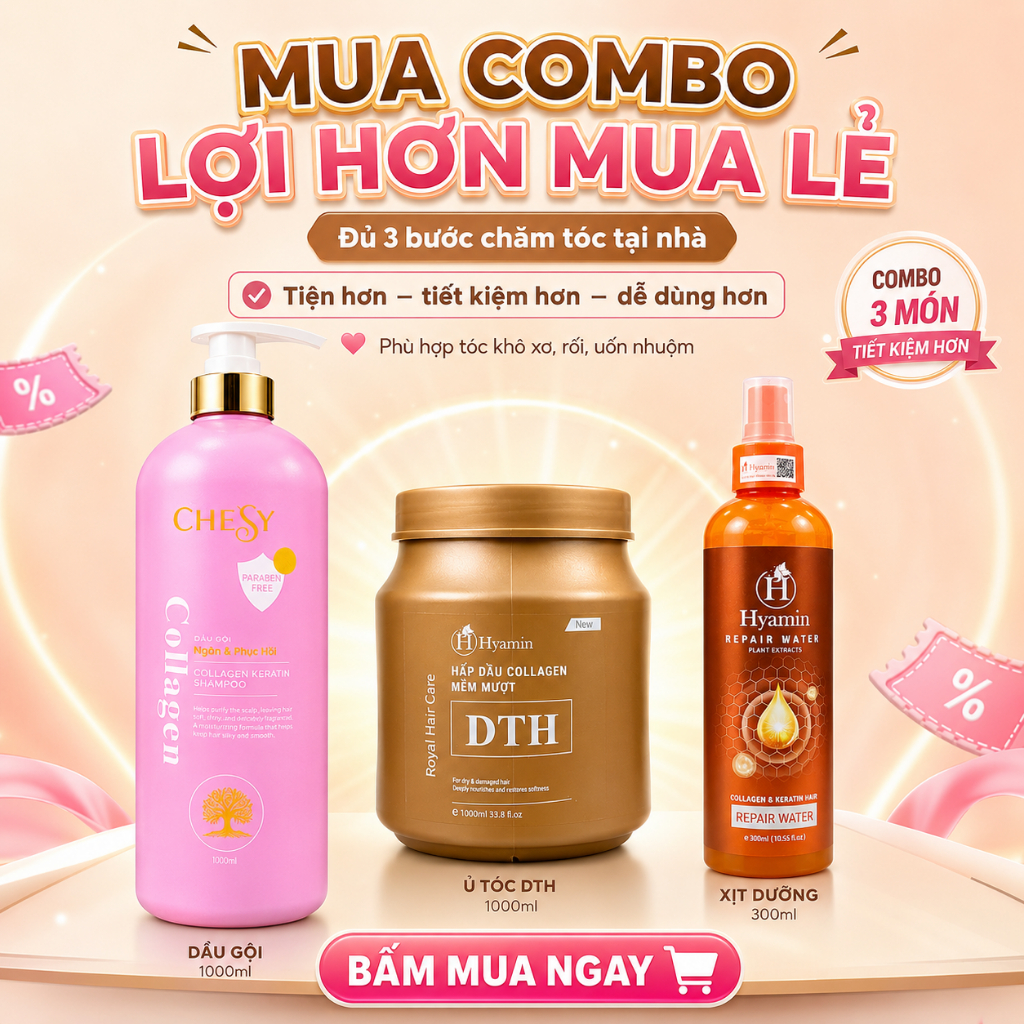 Combo Chăm Sóc Tóc Toàn Diện Chesy Dầu Gội 1000ml Ủ Tóc DTH 1000ml Xịt Đạm 300ml