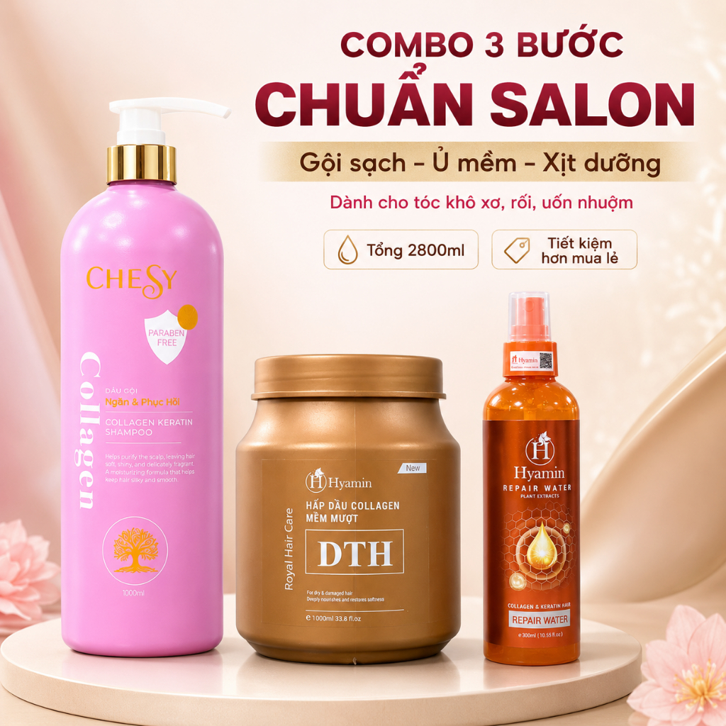 Combo Chăm Sóc Tóc Toàn Diện Chesy Dầu Gội 1000ml Ủ Tóc DTH 1000ml Xịt Đạm 300ml