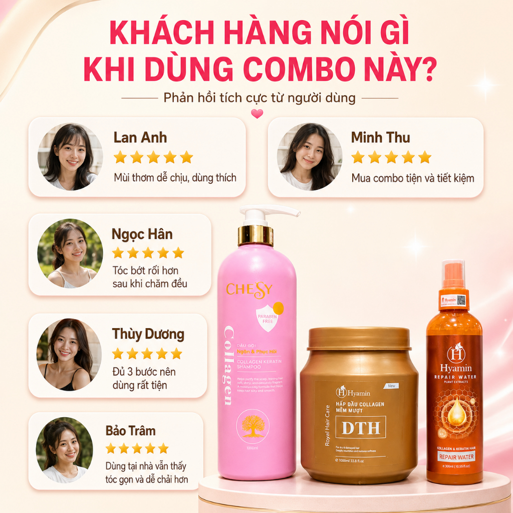 Combo Chăm Sóc Tóc Toàn Diện Chesy Dầu Gội 1000ml Ủ Tóc DTH 1000ml Xịt Đạm 300ml