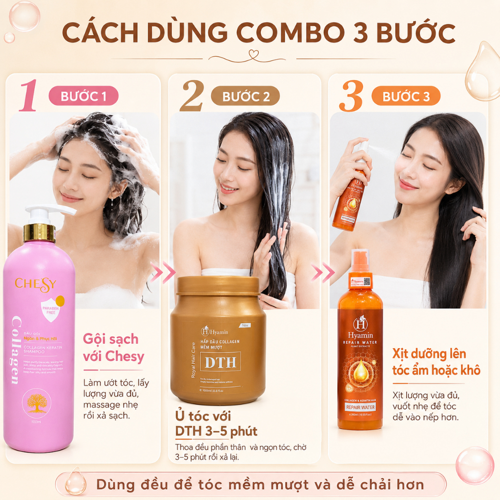 Combo Chăm Sóc Tóc Toàn Diện Chesy Dầu Gội 1000ml Ủ Tóc DTH 1000ml Xịt Đạm 300ml