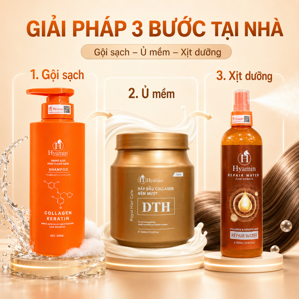 Combo Chăm Sóc Tóc Dầu Gội Sạch Gàu Hyamin Hấp Dầu DTH 1000ml Xịt Đạm 300ml