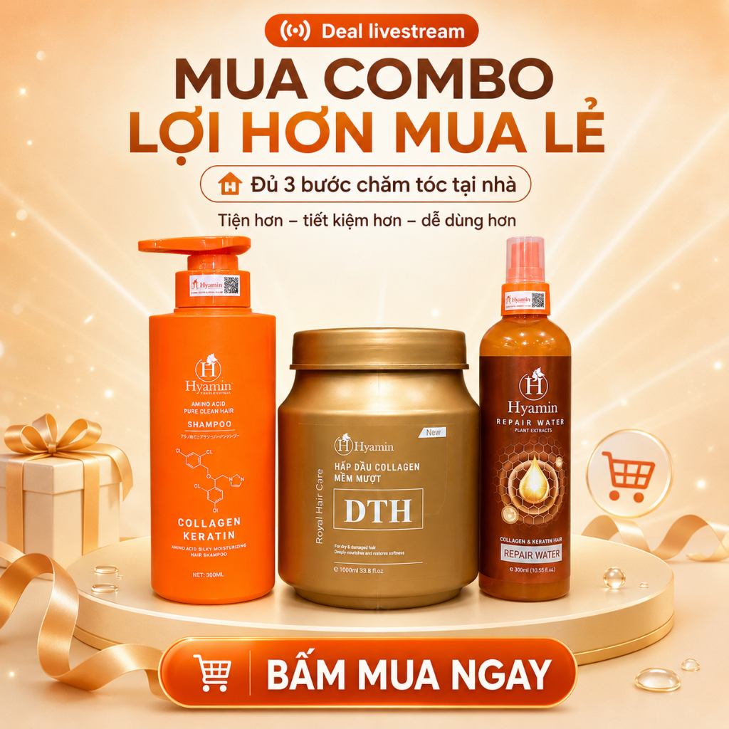 Combo Chăm Sóc Tóc Dầu Gội Sạch Gàu Hyamin Hấp Dầu DTH 1000ml Xịt Đạm 300ml