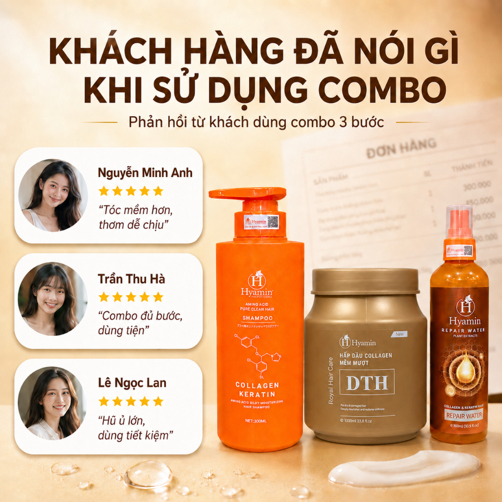 Combo Chăm Sóc Tóc Dầu Gội Sạch Gàu Hyamin Hấp Dầu DTH 1000ml Xịt Đạm 300ml