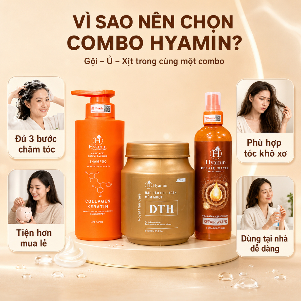Combo Chăm Sóc Tóc Dầu Gội Sạch Gàu Hyamin Hấp Dầu DTH 1000ml Xịt Đạm 300ml