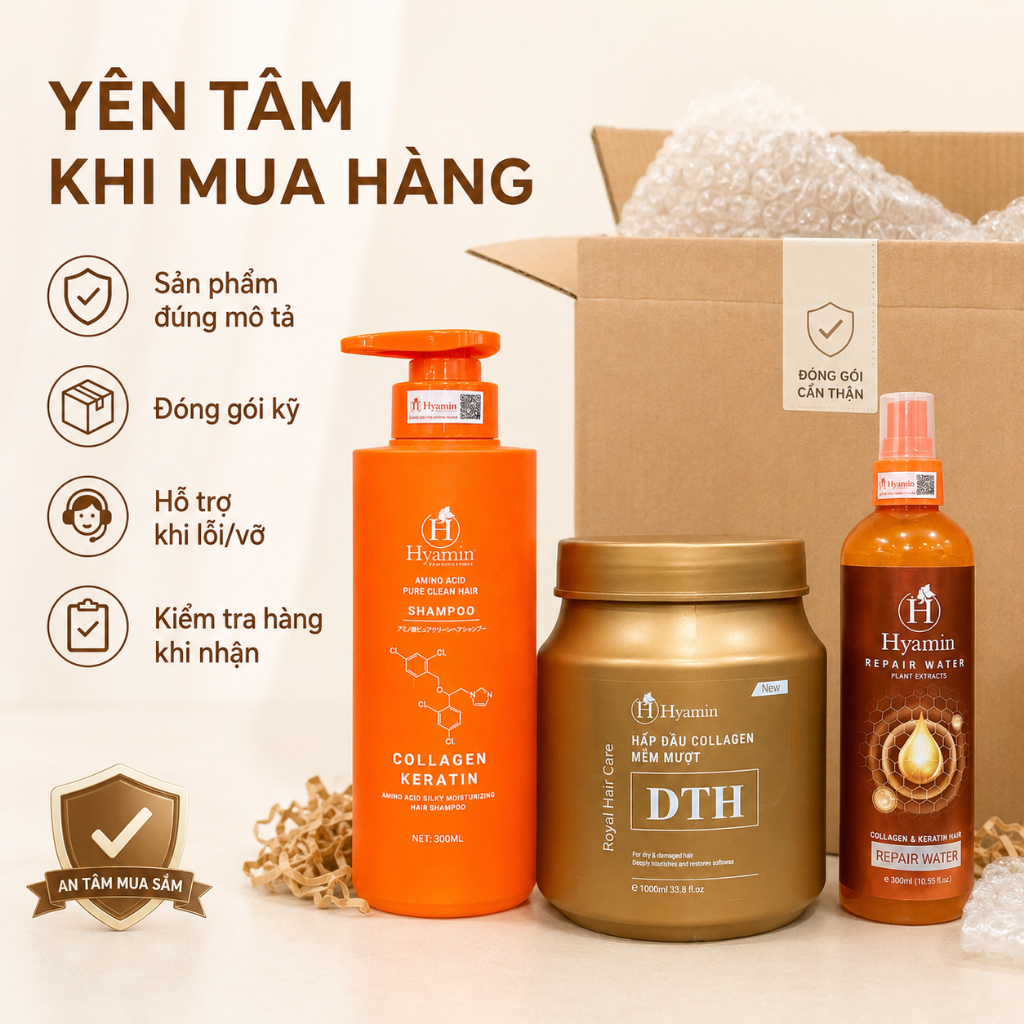Combo Chăm Sóc Tóc Dầu Gội Sạch Gàu Hyamin Hấp Dầu DTH 1000ml Xịt Đạm 300ml