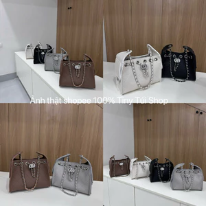 Túi xách công sở hai hộp dây rút tag bạc size 23 đeo vai đeo chéo sang chảnh