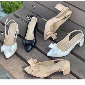 Giày sandal nữ cao gót 5 phân gót vuông mũi nhọn Annmodels phối nơ thời trang Hàn Quốc-Min064XMNO