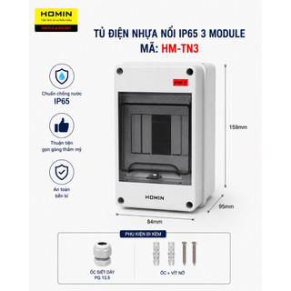 Tủ điện nhựa lắp nổi chống nước IP65 HOMIN có VAT, hộp tủ điện nhựa ABS chống nước 2,3, 5, 8, 12,18,24