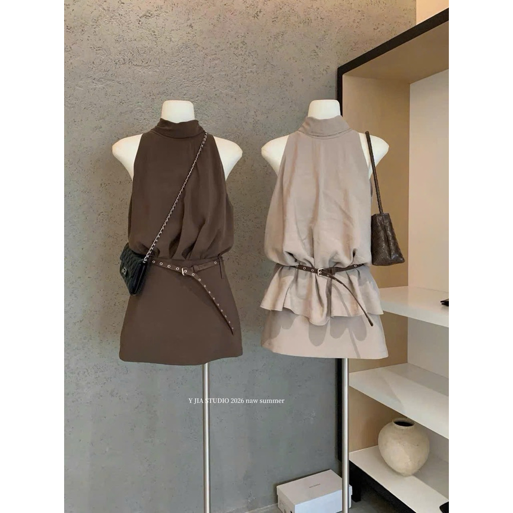 MIU.STUDIO •”Lita Set” Set Áo nữ cổ yếm dáng suông phối chân váy ngắn chữ A kèm đai lưng phong cách tiểu thư thanh lịch
