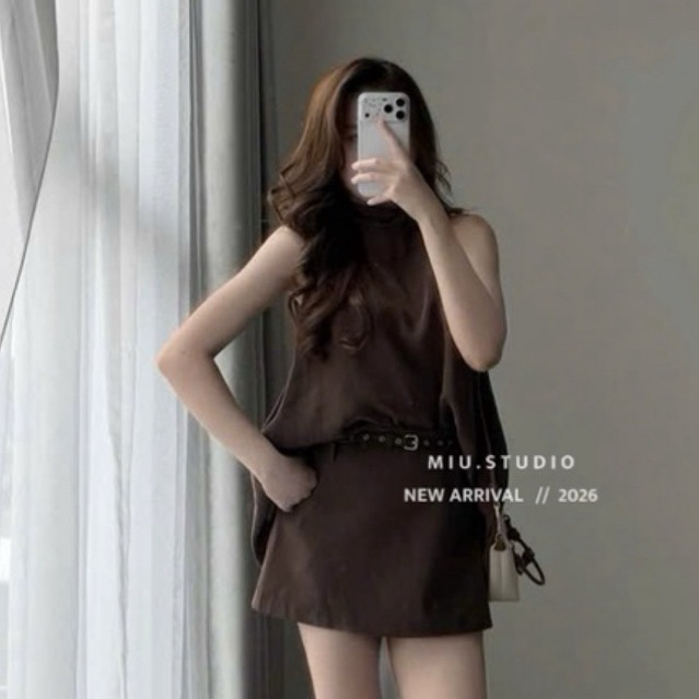 MIU.STUDIO •”Lita Set” Set Áo nữ cổ yếm dáng suông phối chân váy ngắn chữ A kèm đai lưng phong cách tiểu thư thanh lịch