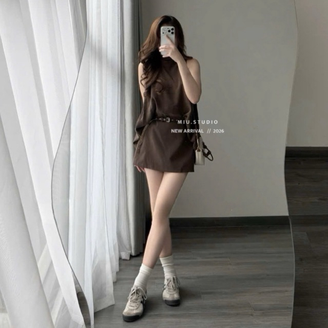 MIU.STUDIO •”Lita Set” Set Áo nữ cổ yếm dáng suông phối chân váy ngắn chữ A kèm đai lưng phong cách tiểu thư thanh lịch