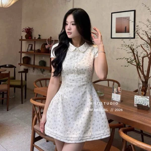 Đầm hoa nhí cổ sen vintage thanh lịch ôm eo tôn dáng,Váy tiểu thư dáng A tay ngắn hoạ tiết hoa nhí nhẹ nhàng dành cho nữ