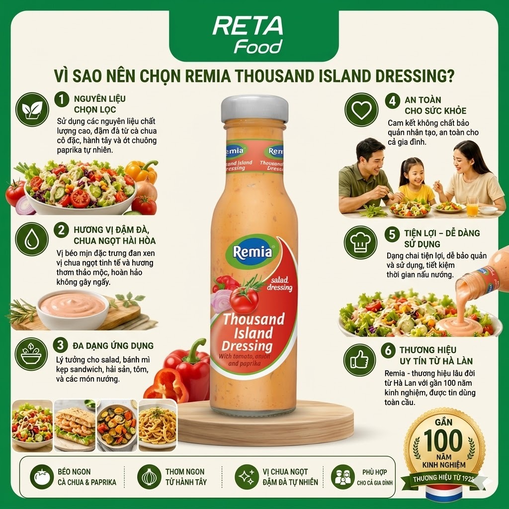 Combo 3 Sốt Salad Remia - Italian Dressing Thảo Mộc Ý, Thousand Island Béo Ngậy, Salad Cream Chua Dịu - Nhập Khẩu Hà Lan