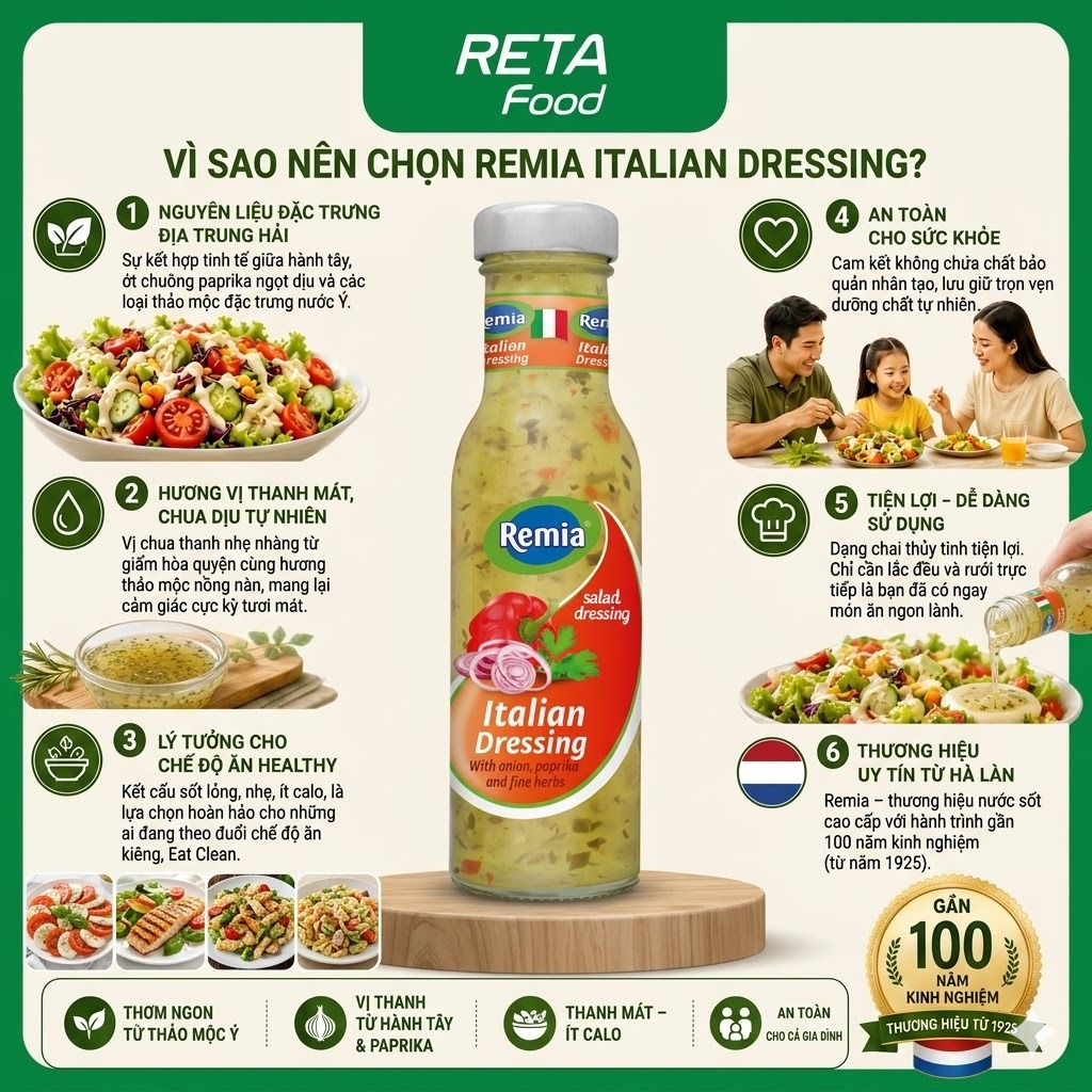 Combo 3 Sốt Salad Remia - Italian Dressing Thảo Mộc Ý, Thousand Island Béo Ngậy, Salad Cream Chua Dịu - Nhập Khẩu Hà Lan