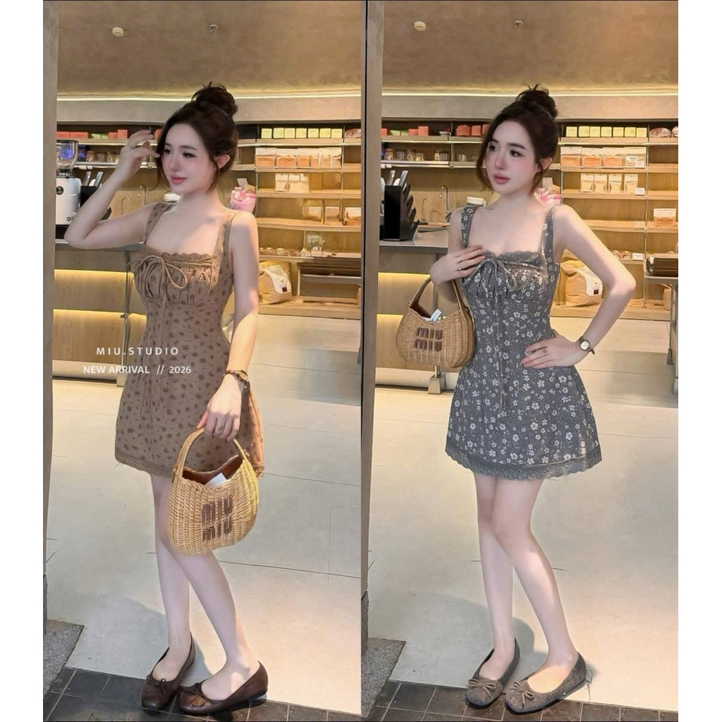 Váy 2 dây hoa nhí bản to phối viền ren thắt nơ sang chảnh , Đầm nữ dáng A ôm eo xoè nhẹ mặc đi chơi đi cafe sống ảo