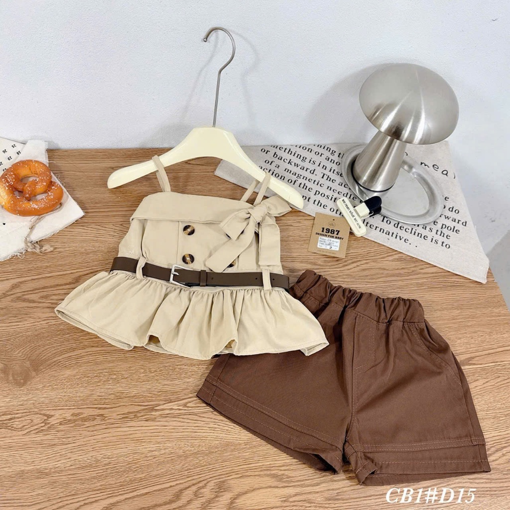 <KÈM THẮT LƯNG> Đồ hè bé gái, set xinh bé gái, đồ bộ bé gái, set 3 chi tiết màu be nâu tây cho bé 10-30kg Hami Kids