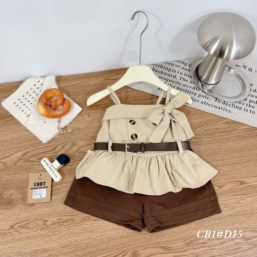 <KÈM THẮT LƯNG> Đồ hè bé gái, set xinh bé gái, đồ bộ bé gái, set 3 chi tiết màu be nâu tây cho bé 10-30kg Hami Kids