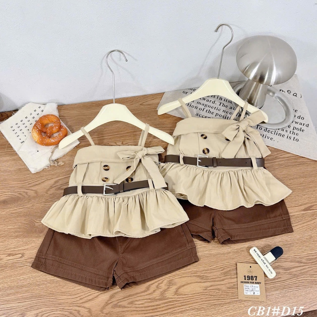 <KÈM THẮT LƯNG> Đồ hè bé gái, set xinh bé gái, đồ bộ bé gái, set 3 chi tiết màu be nâu tây cho bé 10-30kg Hami Kids