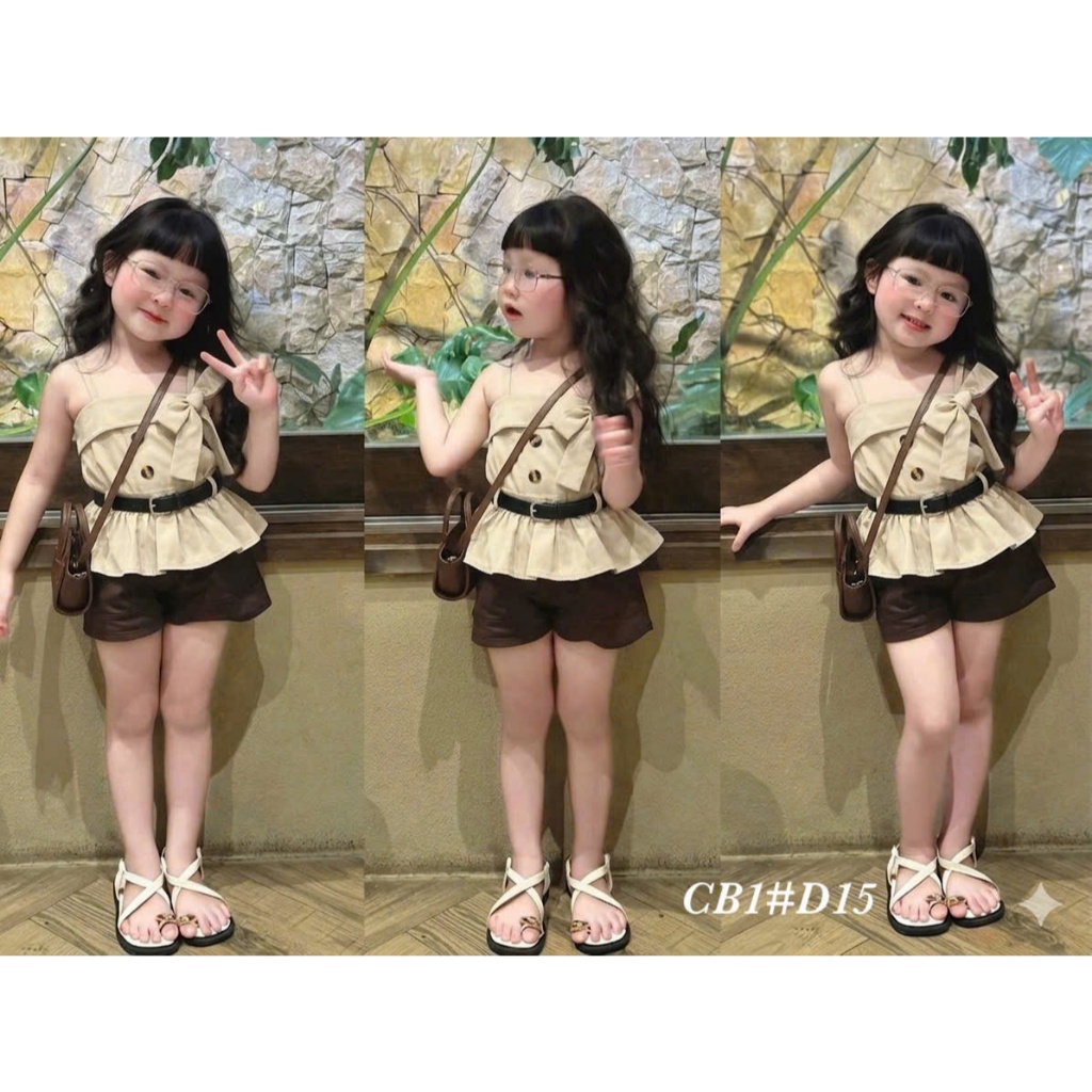 <KÈM THẮT LƯNG> Đồ hè bé gái, set xinh bé gái, đồ bộ bé gái, set 3 chi tiết màu be nâu tây cho bé 10-30kg Hami Kids
