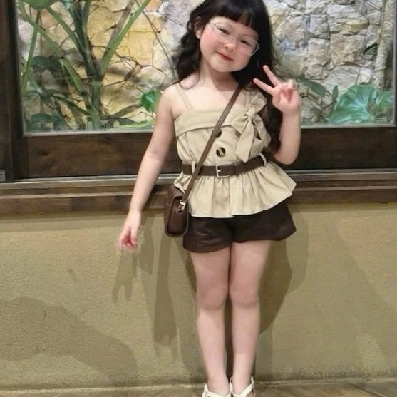 <KÈM THẮT LƯNG> Đồ hè bé gái, set xinh bé gái, đồ bộ bé gái, set 3 chi tiết màu be nâu tây cho bé 10-30kg Hami Kids