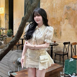 Set áo sơmi croptop ren hoa tay bồng kèm chân váy ngắn xoè tiểu thư , Set đồ nữ bánh bèo thanh lịch chất liệu ren boi cc